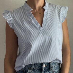 SHEIN | Blue & White Striped Blouse – Frilly Cap Sleeves, Coastal Chic